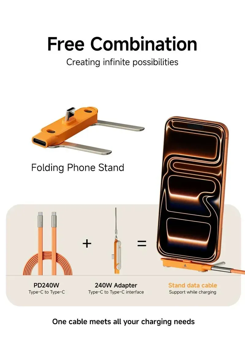240W Super Fast Charging 360&deg; Rotating Invisible Stand Detachable 2-in-1 Charging Cable